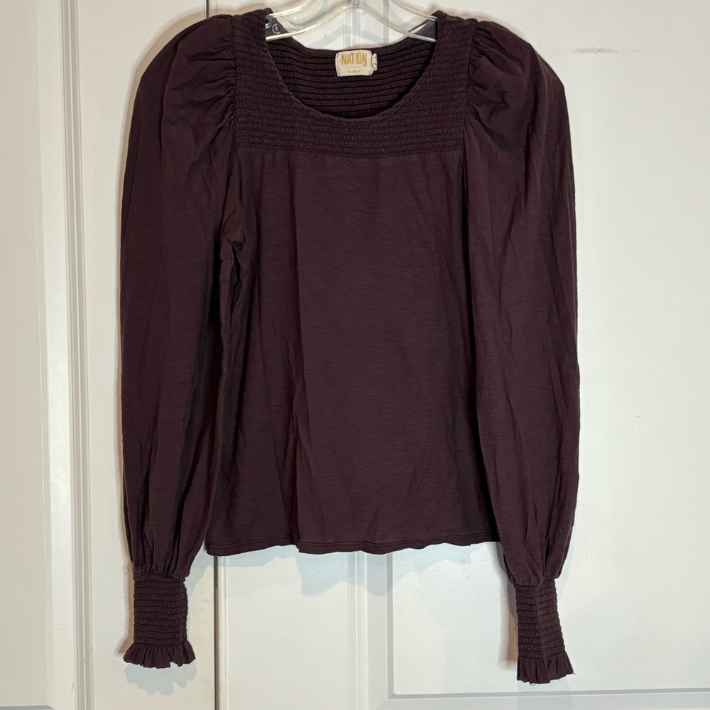 Nation LTD Plum Purple Smocked Neck Cuff Puff Shoulder Pima Cotton Long Sleeve S